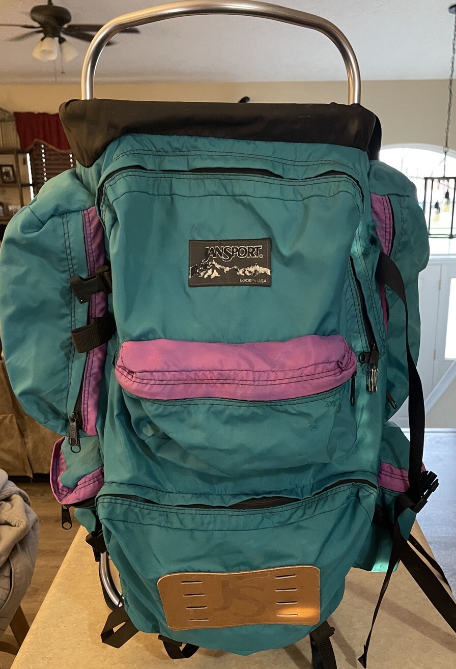 Vtg Jansport Hiking Backpack External Aluminum Frame Hip Wings Teal USA