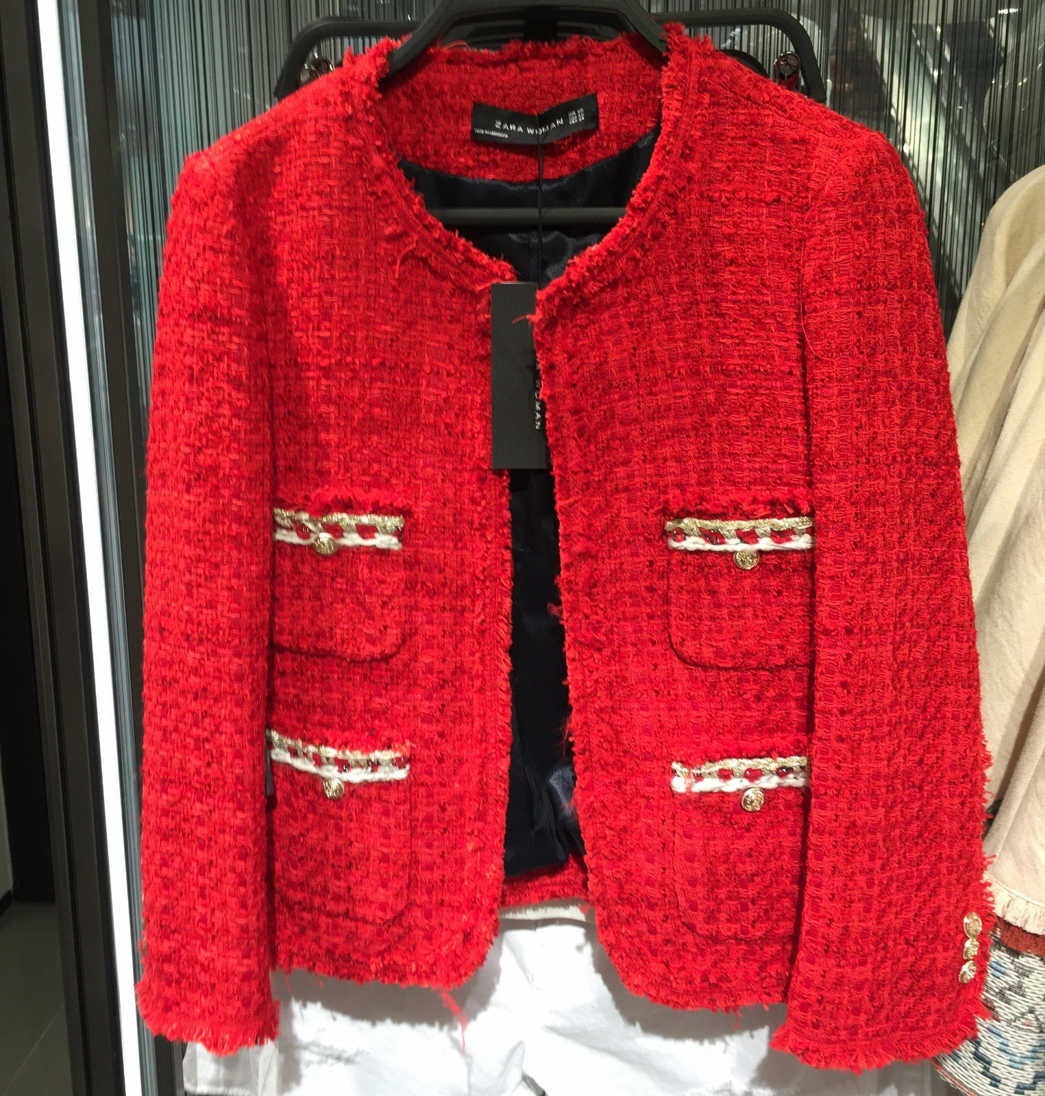 A378 ZARA RED TWEED FANTASY FABRIC BLAZER JACKET GOLD BUTTONS COAT XS
