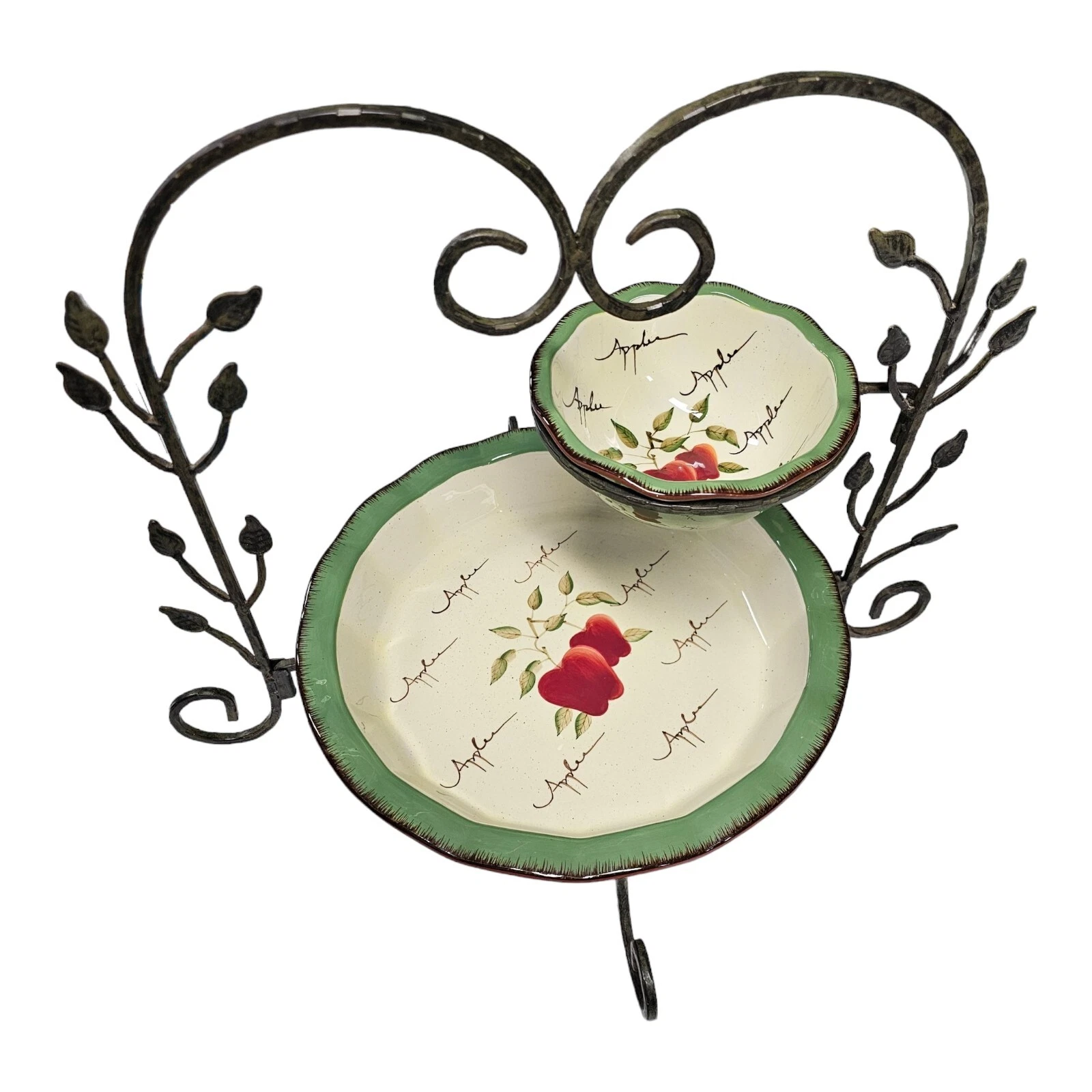 Home Interiors Apple Orchard Collection Pie & Dip Dish w Iron Display Stand READ