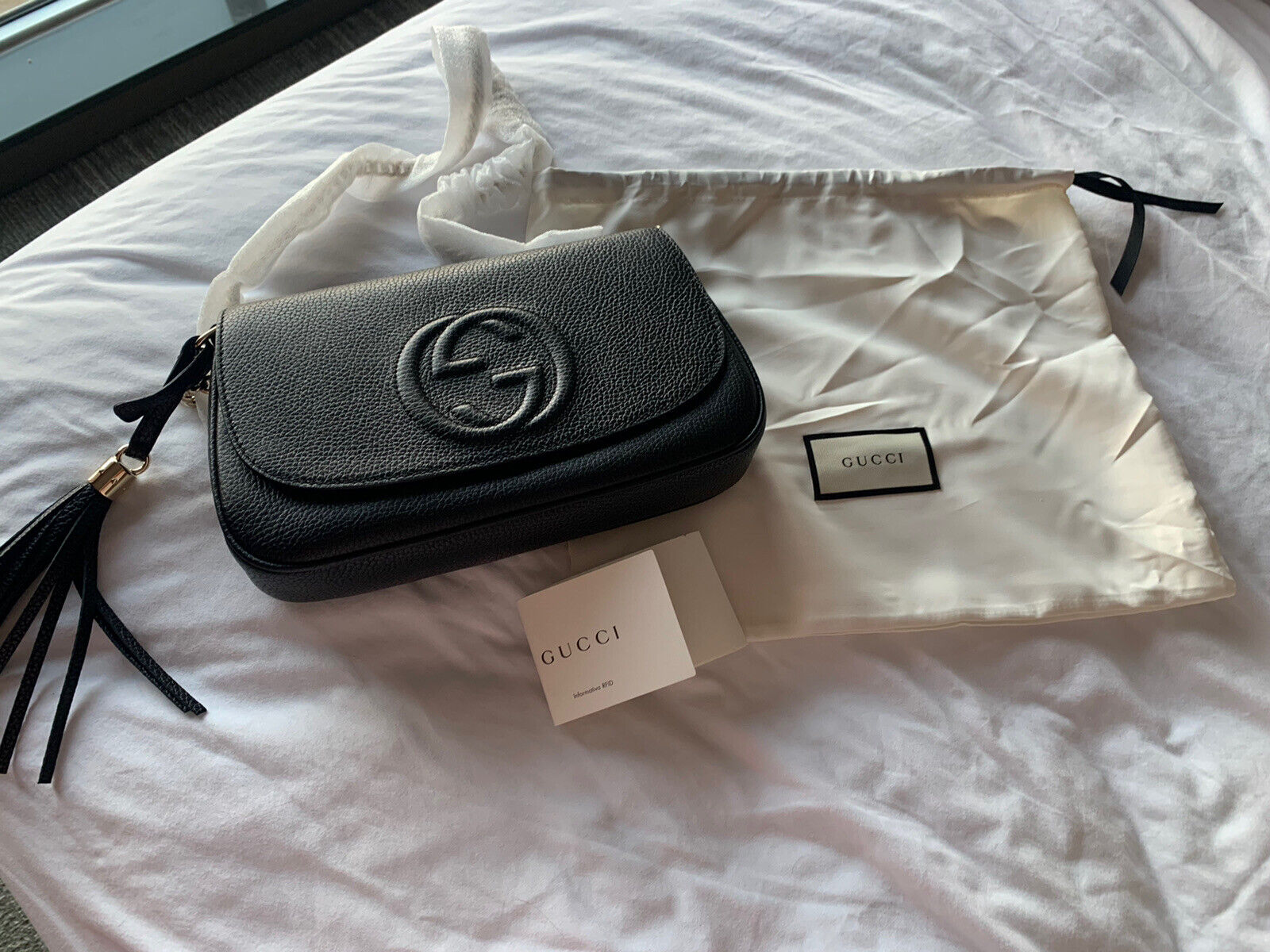 NWT GUCCI Soho Tassel Flap GG Shoulder Bag Crossbody Black Leather