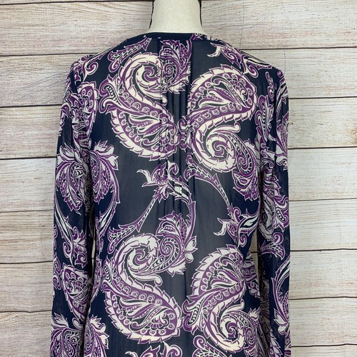 Lucky Brand Size S Paisley Pin Tuck Tunic Top Split V Neck High Low Hem Peasant - Picture 7 of 11