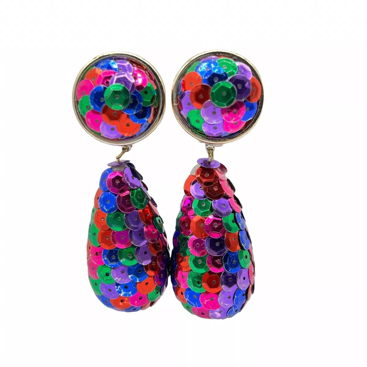 Vintage Dangle Clip on Earrings Rainbow Sequin Disco Ball Tear Drop Clip On B4