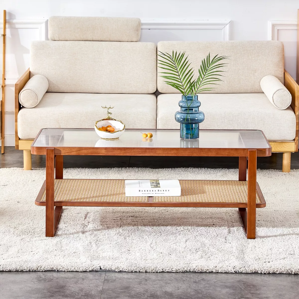 Solid Wood Rectangle 2 Layer Coffee Table w Rattan Shelf Glass Top
