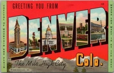 Vintage DENVER, Colorado Large Letter Postcard "Mile High City" Sanborn c1950s