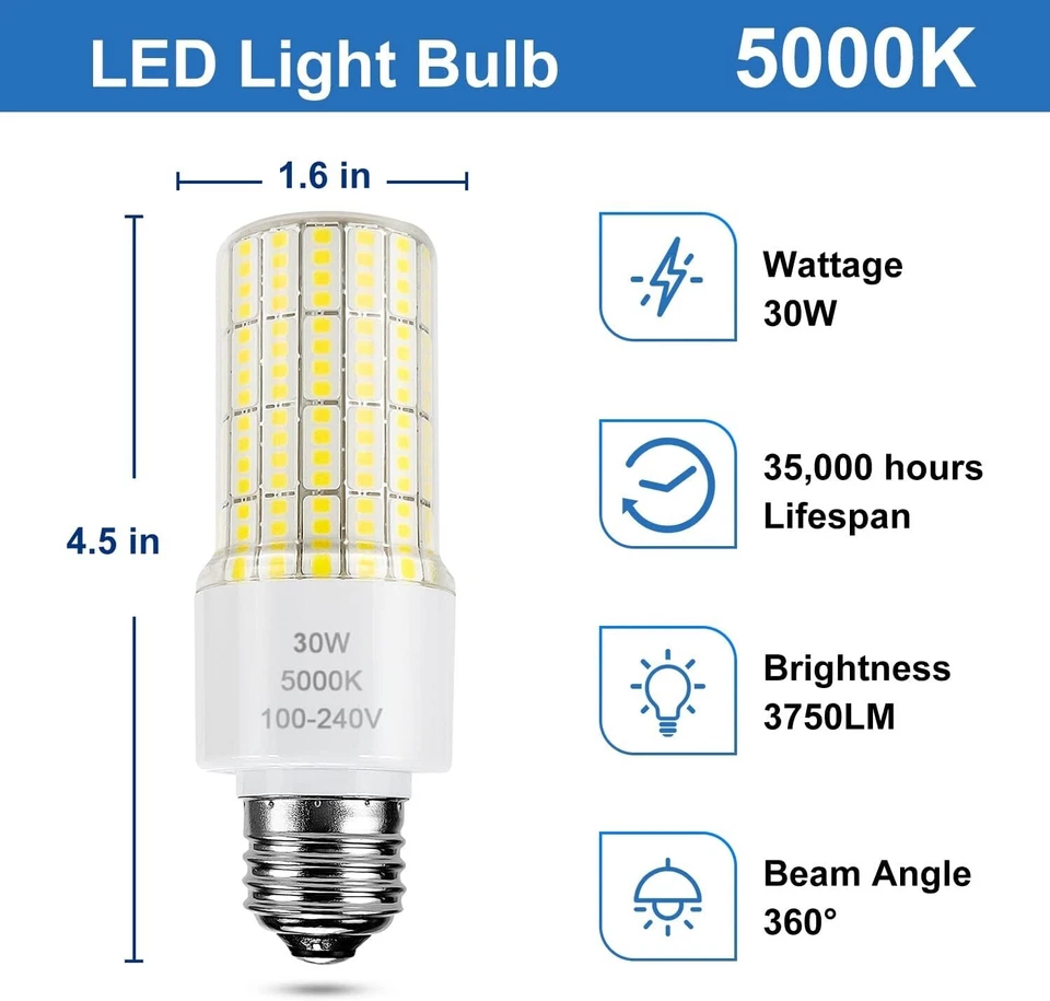 2 Pack Led Light Bulb 3750 Lumen 5000K Cool Daylight White 30W E26 for Garage - Image 2 of 4