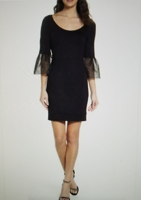 French Connection Stretch Knit Organza Bell Sleeve Mini Pencil Dress Black Sz 6