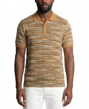 Paisley Men Polo Large Brown Multi Slim Fit Knit Ribbed Short Sleeve Shirt