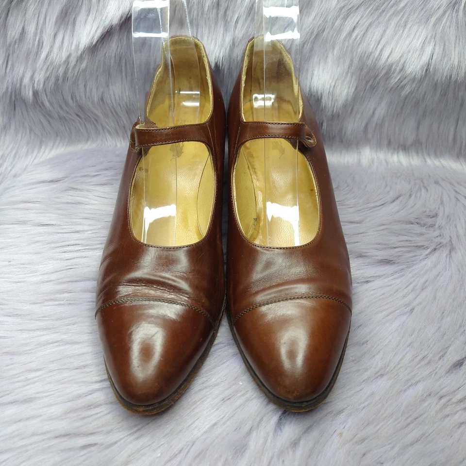 Vtg Ralph Lauren Leather Button Strap Maryjane Heel Womens Size 8 B Brown Italy - Image 3 of 4