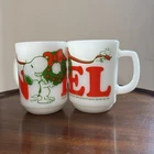 Vintage Peanuts Snoopy Noel Christmas Milk Glass Mug Anchor Hocking Set of 2