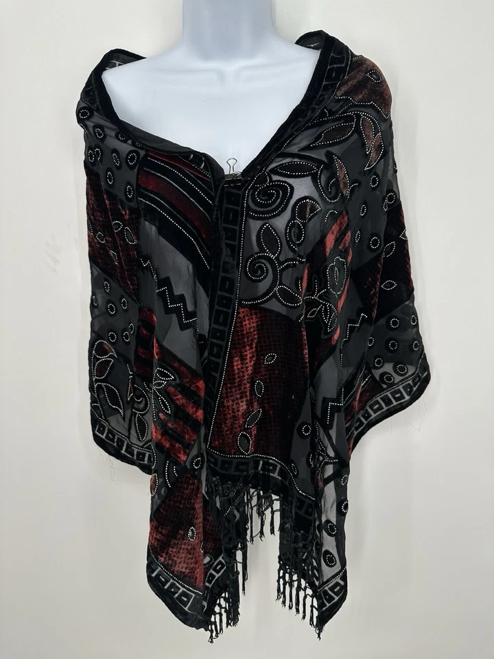 Bufanda envolvente chal de terciopelo Burnout floral con flecos largos colores de otoño Foto 2 de 4