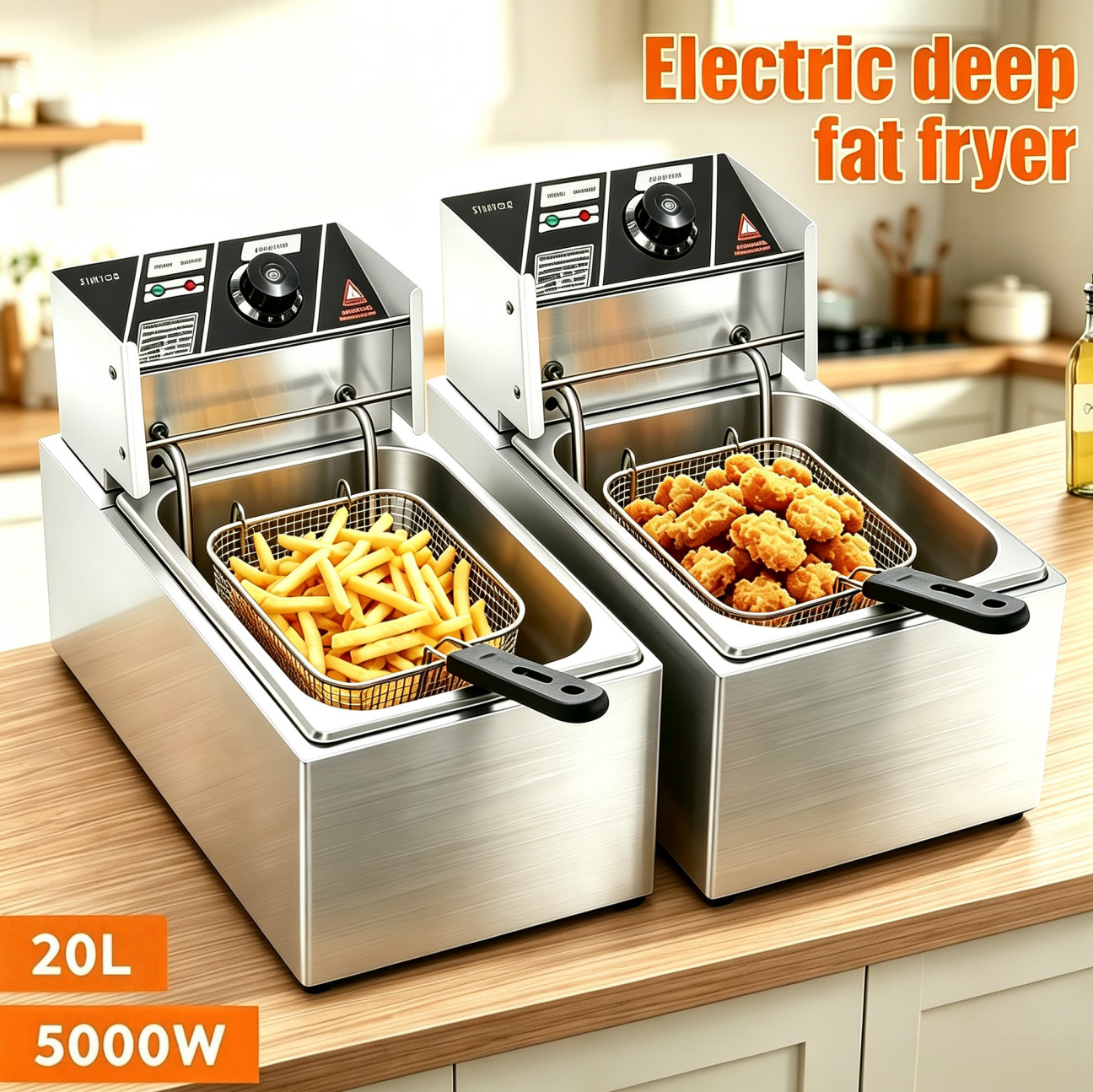 20L 5000W Commercial Electric Deep Fryer Fat Chip Twin Dual Tank Stainless Steel