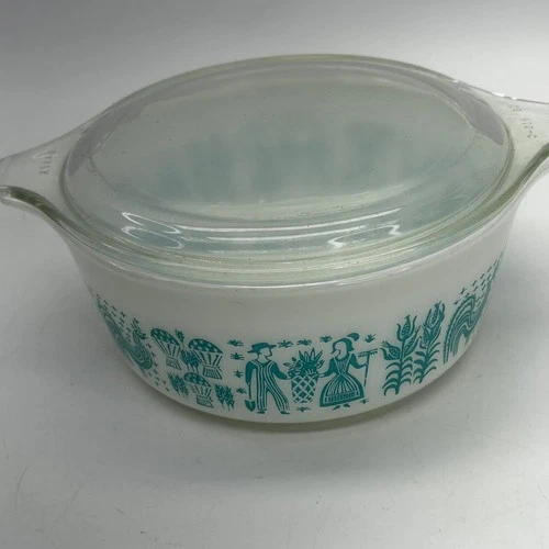 Pyrex 471 Butterprint Casserole Dish 1.5 Pint Turquoise Opal Glass Ovenware Lid