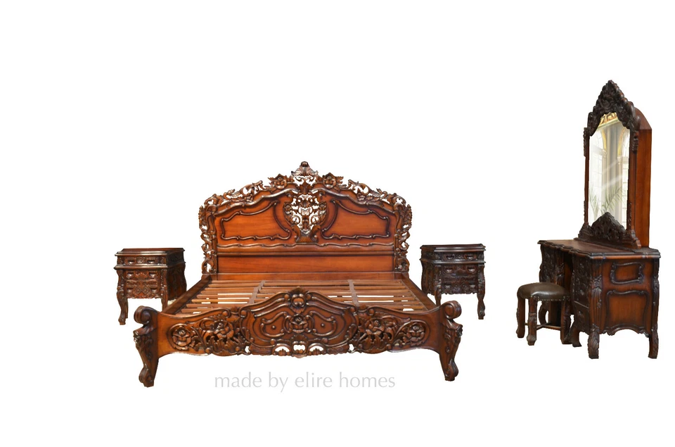 Reino Unido King 5' madera caoba barroco oriental francés diseñador cama rococó francés Foto 3 de 4