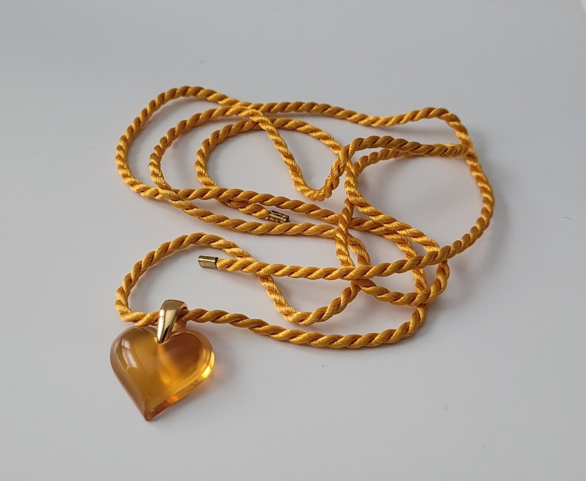 Lalique Crystal Hart Necklace Pendant Gold Amber & Gold Clip With