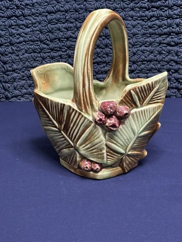 Vintage McCoy Pottery Leaves And Berries Basket Planter / Vase