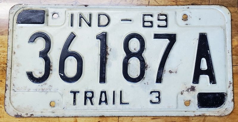 Indiana 1969 LIGHT TRAILER License Plate 36187 A  Trail 3 IN Ind
