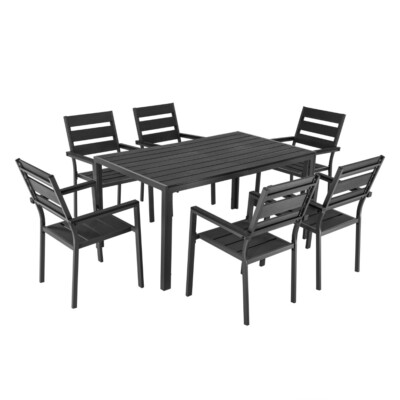 ALEOS. Gartengarnitur Aluminium WPC Tisch 150x90 cm + 6 Gartenstühle stapelbar