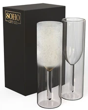 Champagne Flutes Glasses Set of 2 Double Walled Insulated Cups, Gifts for Her