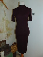 Forever 21 Burgundy Black Striped Knit Sweater Medium Fitted Dress Short Sleeve