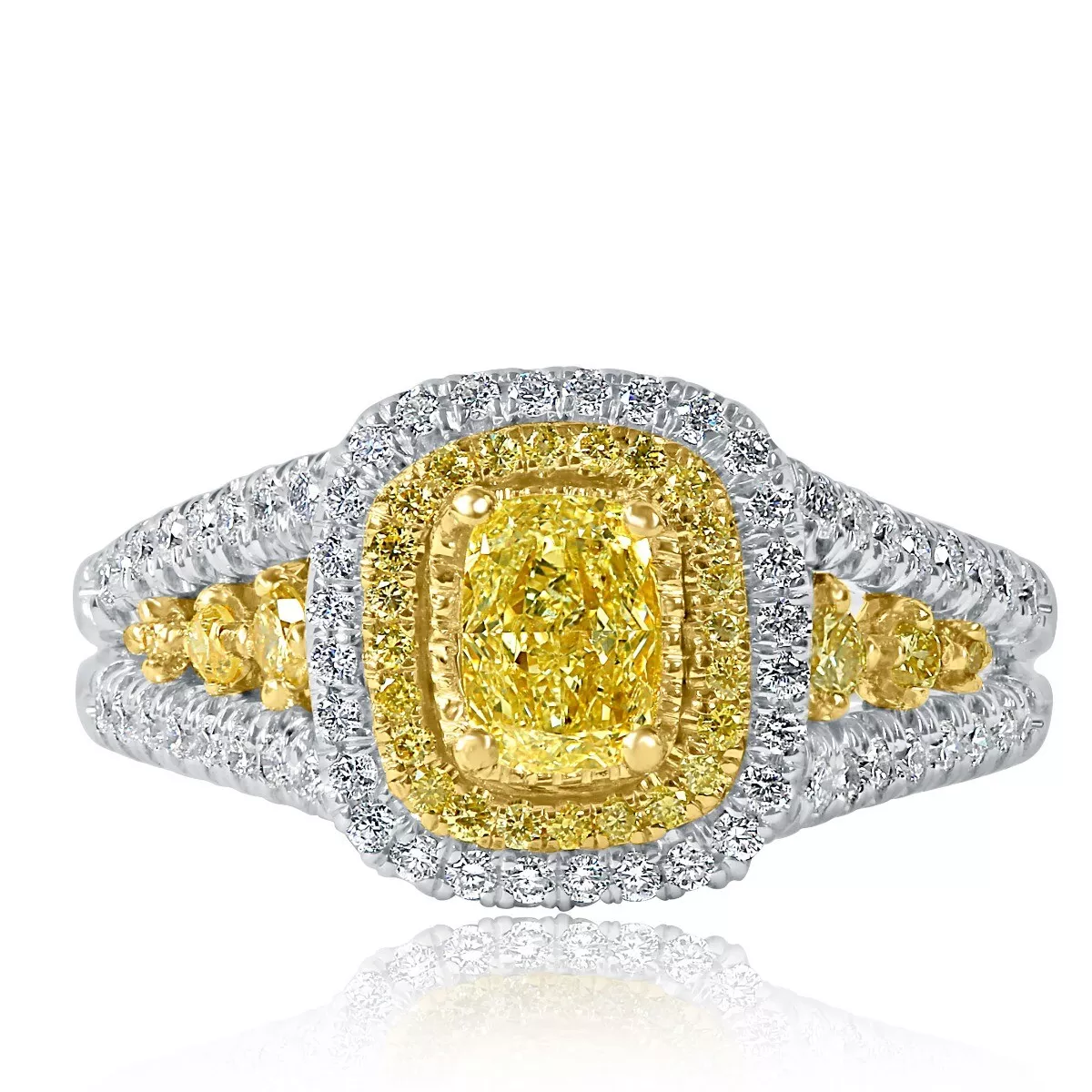 1.27 Ct Cushion Faint Yellow Diamond Engagement Ring Split Shank 14k White Gold