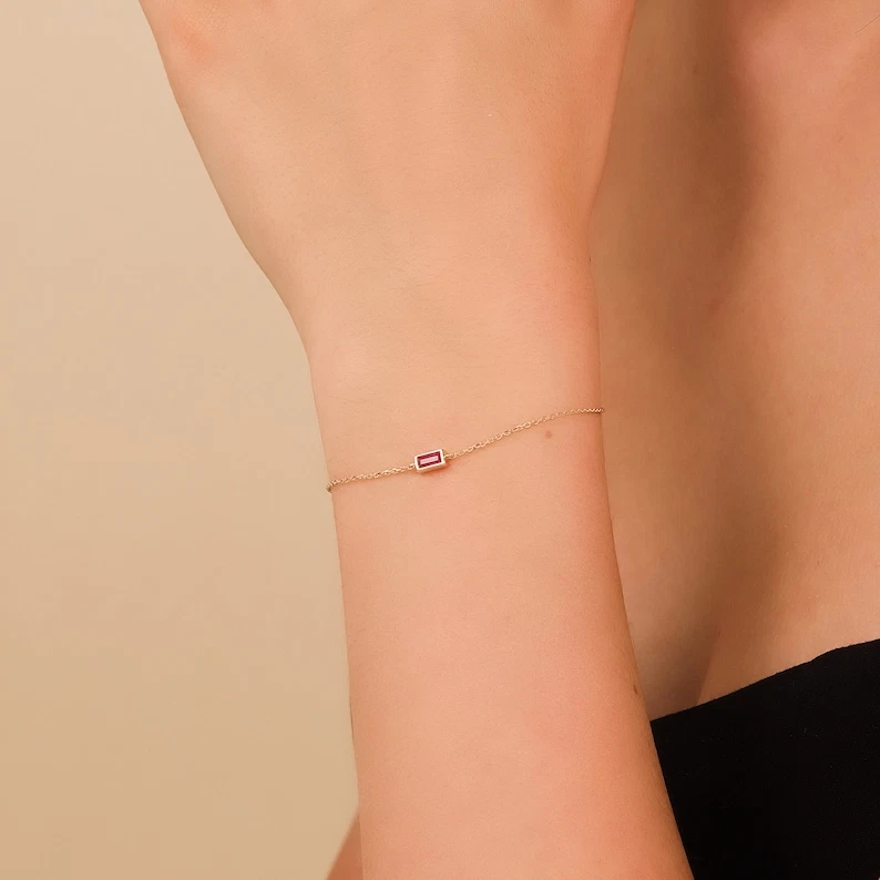 Red Ruby Baguette Solitaire Bracelet For Men & Women In 925 Sterling Silver - Image 3 of 4