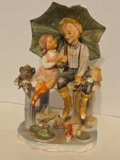 Norleans Japan Figurine ~ Old Man Dropping a Line w/ Granddaughter Vintage 