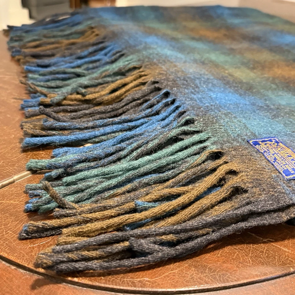 Vintage Pendleton Teal Blanket 100% Wool Fringed Plaid Pre-1950 Label 50x72” - Image 4 of 4