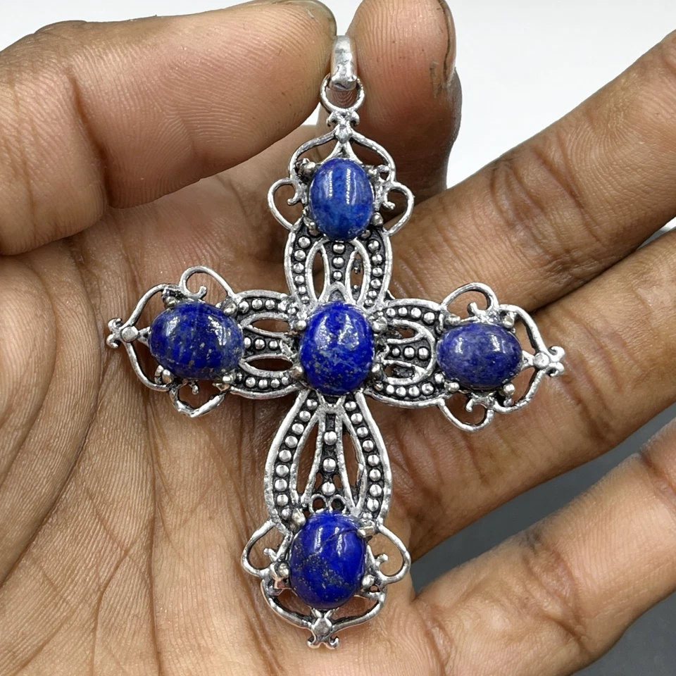 925纯银天然Lapis Lazuli宝石珠宝十字架吊坠 — 第 3/3 张图片