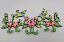 Cast Iron Painted Hummingbird Flowers Wall Key Hooks 10"