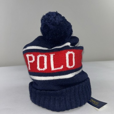 NEW RALPH LAUREN Men's Ski Hat POM Navy Red POLO USA Double Knit $98