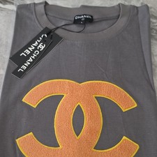 CHANEL CC Logo Crew Neck Cotton Knit T-Shirt Gray Women L Regular Fit