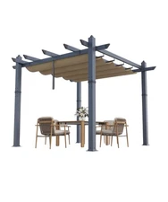Retractable Canopy Pergola 10x10FT Aluminum Faux Wood Gazebo for Patio Backyard
