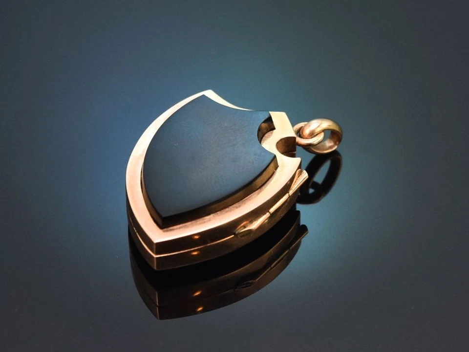 UM 1910! SELTENER MEDAILLON ANHÄNGER IN SCHILDFORM MIT ONYX AUS GOLD 585 - Bild 3 von 4