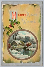 1912 Christmas Rural Winter Scene Holly Gilt Embossed Antique Postcard