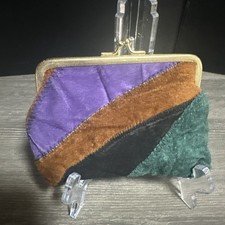 Vintage, Genuine Leather, Patchwork Coin Purse, Kiss Lock Closure, Gold