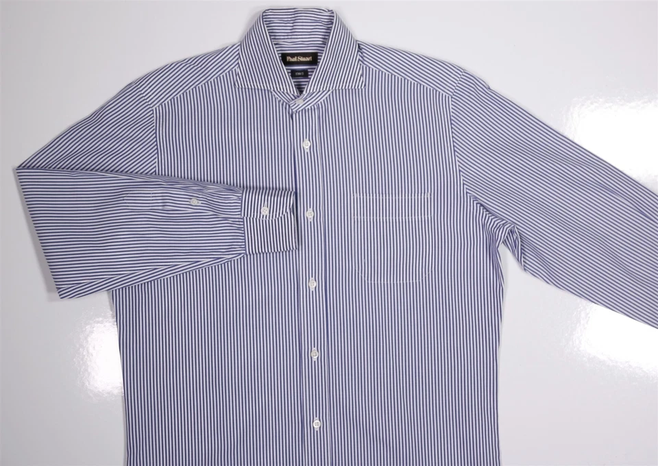 Paul Stuart Blue White Striped Cotton Slim Fit Dress Shirt (39) 15.5-32 - Image 3 of 4