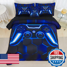 RYNGHIPY Blue Gaming Comforter Set Kids Boys 6 Pieces Queen Bed in a Bag 3D Game