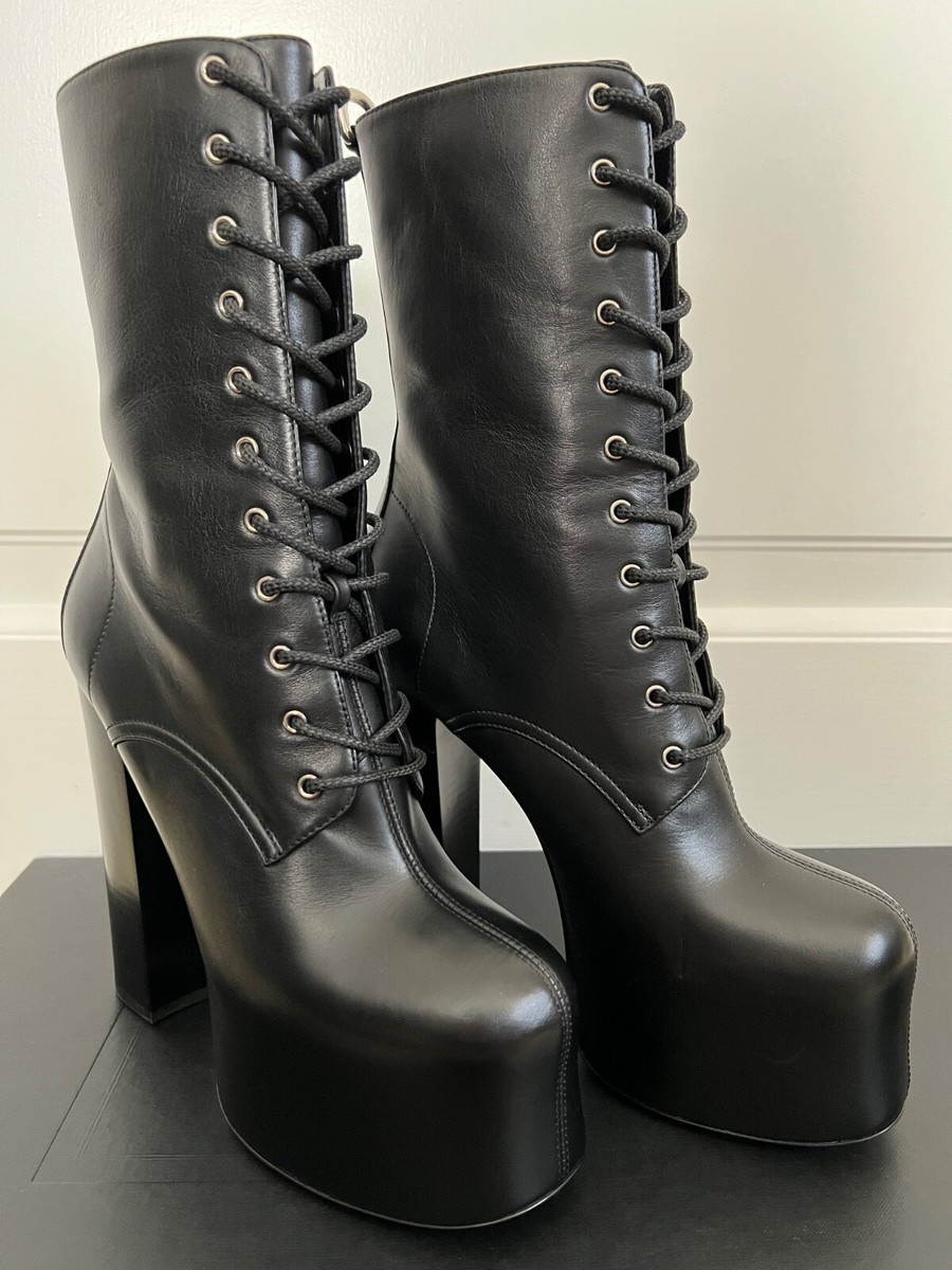 NIB Saint Laurent YSL Mina Cherry Black Lace Up Platform Boots Sz