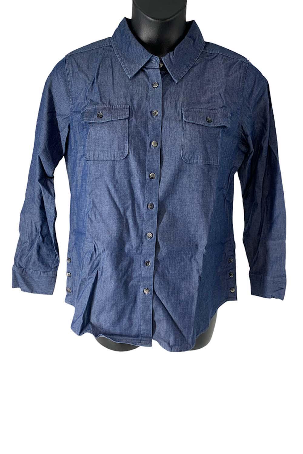 Denim & Co. Petite Chambray Long Sleeve Button Top Dark Wash