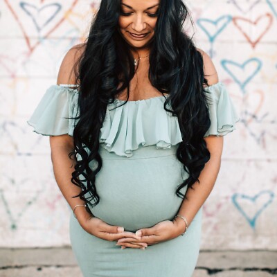 Maternity Dress Ruffles Gown Photo Prop Baby Shower Off Shoulder Sage Large  | eBay