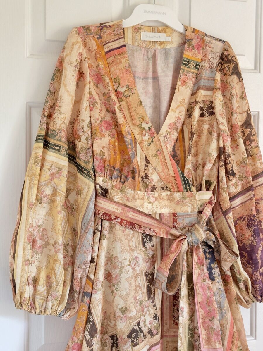 NWOT Zimmermann August Patch Floral Linen Wrap Mini Dress NWOT Zimmermann August Patch Floral Linen Wrap Mini Dress