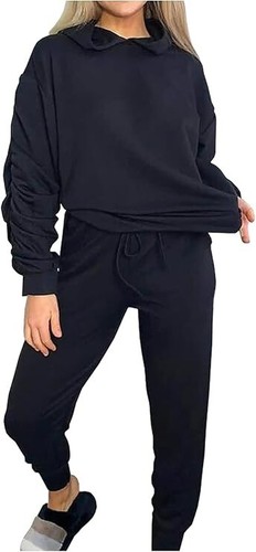 Womens Ruched Sleeve Hoodie Top Suit Set Ladies Drawstring Bottom Lounge Tracksu - Picture 2 of 31