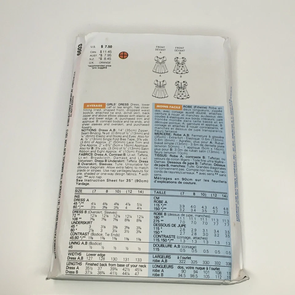 Butterick Sewing Pattern 6603 Flower Girl Party Dress Easter First Communion UC - Image 4 of 4