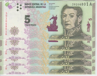 LOT ARGENTINA BANKNOTE P.359 5 PESOS (2015) PREFIX A  LOT OF 5  UNC