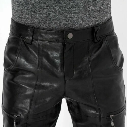 Men's Black Genuine Lambskin Real Leather Jeans Biker Overalls Pant