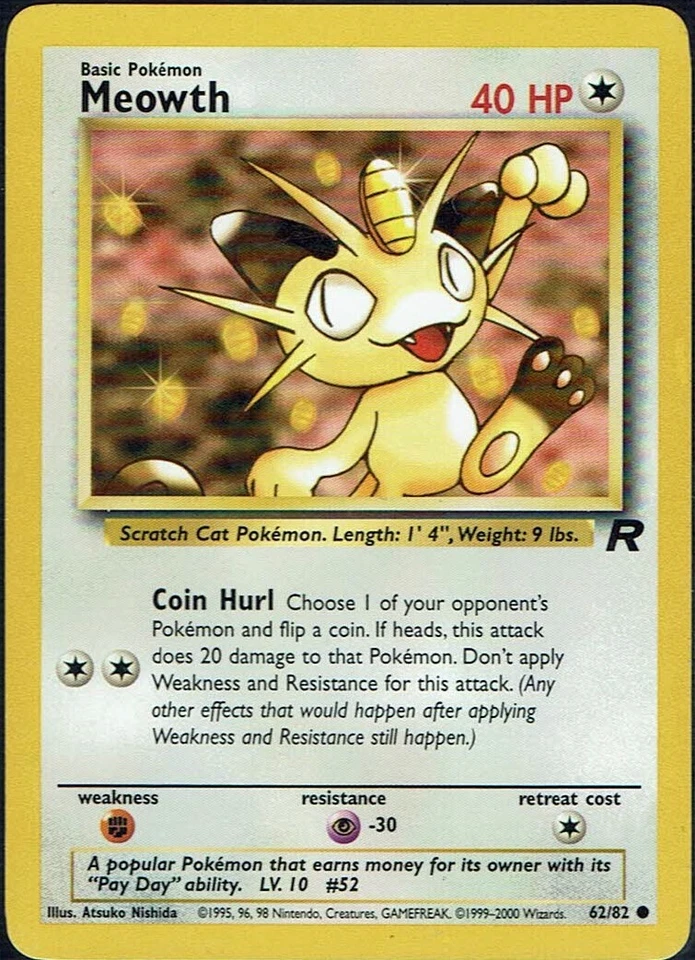 Carte Pokémon Team Rocket N° 62/82 Meowth - Anglais - Photo 1/1