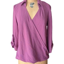 Fortune & Ivy Mauve 3/4 Roll Tab Sleeve Collared Surplice Blouse Size Medium