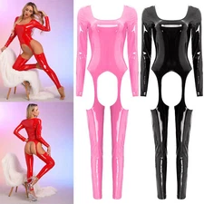Women's Bodysuit Wet Look Jumpsuit Crotchless Patent Leather Catsuit Clubwear