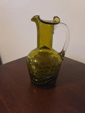 Vintage Pilgrim Crackle Glass Pitcher, Olive Green, Ribbed Handle, 4.5”
