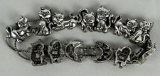 Vintage Silver Toned Cat Slider Charm Bracelet Signed SA Kitty